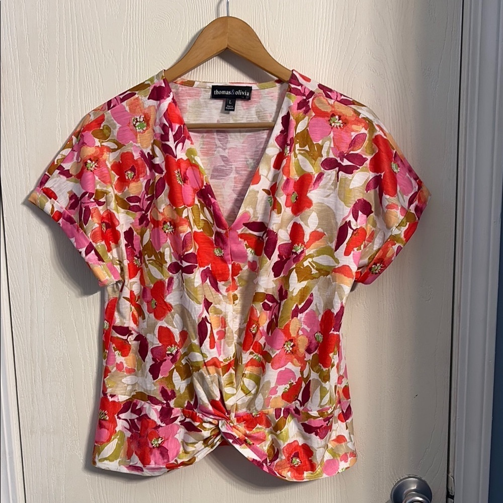 Red and Pink Wrap Blouse with Tie Front